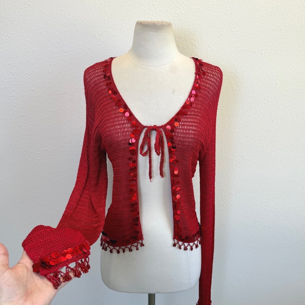Vtg Y2K Red Sequin Open Knit Tie Front Cardigan Sz Medium Coquette Fairy Twee